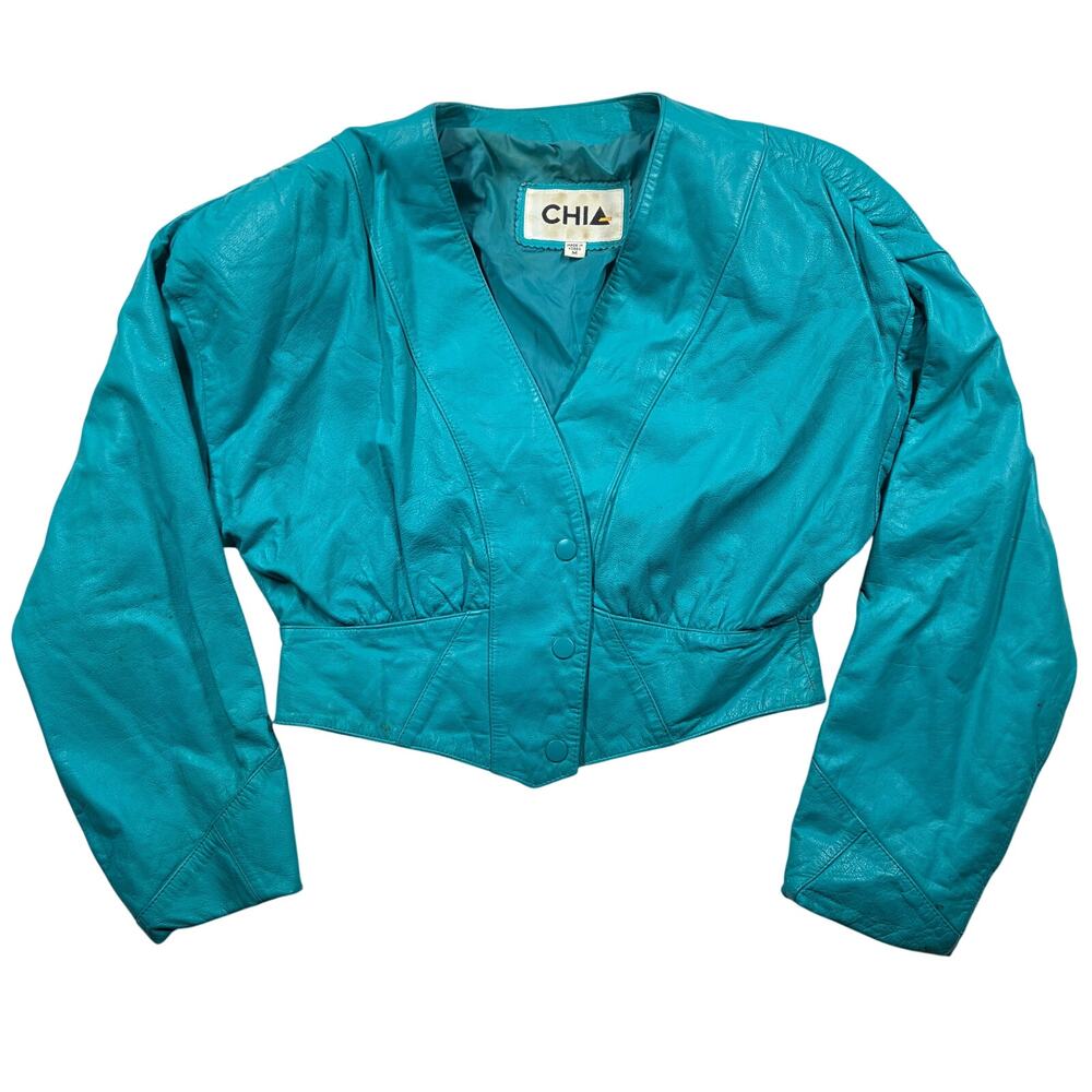 Vintage Chia Crop Jacket Womens Medium Teal Leather Shoulder Pad Korea 80s/90s